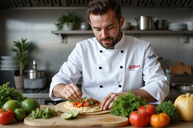 Un chef preparando una comida saludable y colorida, representando planes de alimentación personalizados.