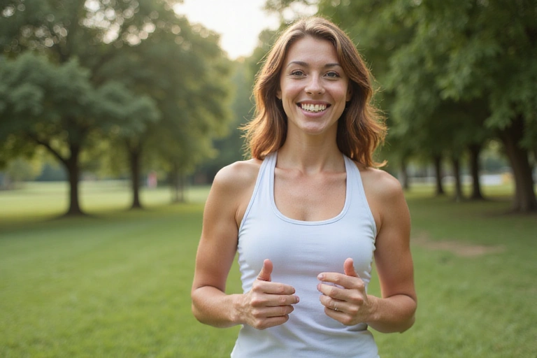 Una mujer sonriente haciendo ejercicio al aire libre, representando el apoyo continuo y un estilo de vida activo.